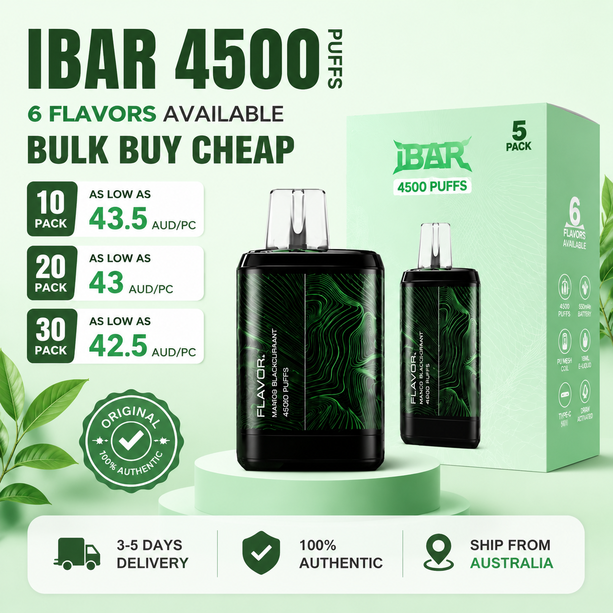 Free shipping|IBAR 4500 Puffs|10/20/30